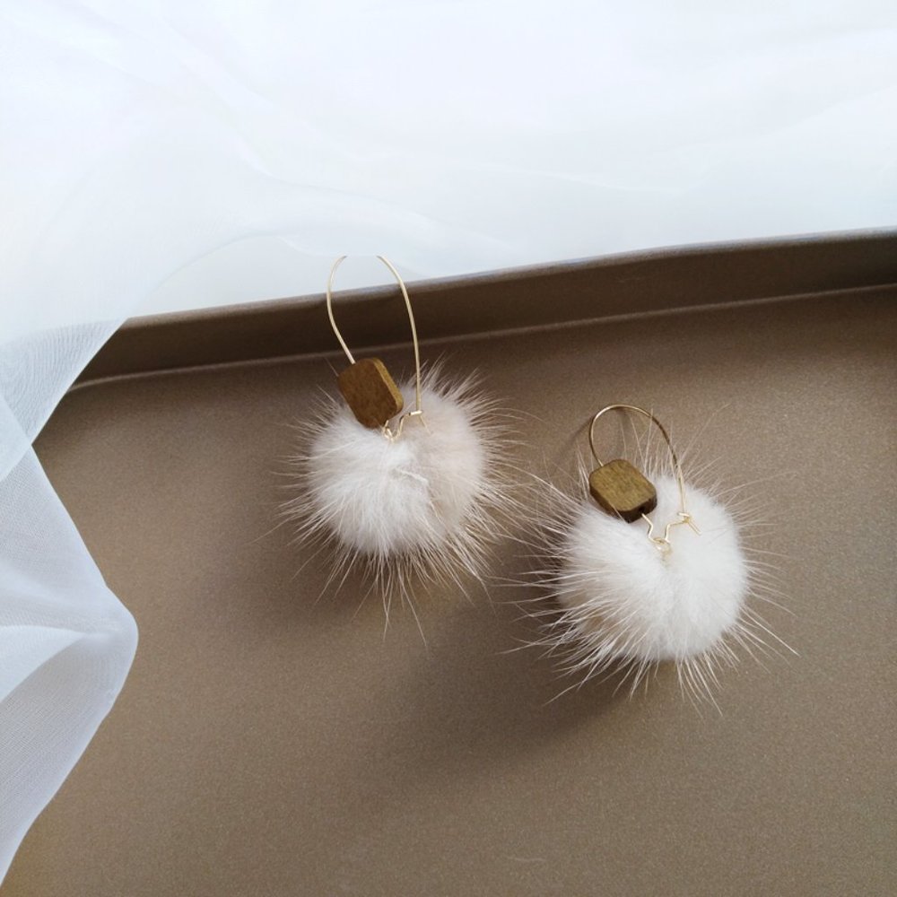 Furry Fur Ball Wood Hook Earrings - Picture 8 of 15